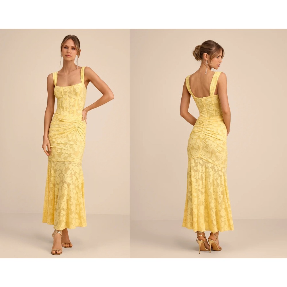 Lulus Celeste Yellow Floral Burnout Bustier Maxi Dress Size XS